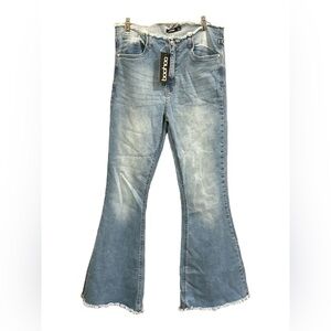 NWT Boohoo Flared Denim Jeans Women's Size 10 Blue High Rise Raw Hem Distressed